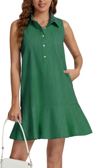 Women Sleeveless Mini Dress Button Down Shirt Dress V Neck Reffle Hem Cotton Linen Tunic Short Dress