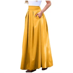 Women Spring Summer Pleated Maxi Skirt Elastic High Waisted A-Line Long Casual Loose Flowy Swing Skirt with Pockets