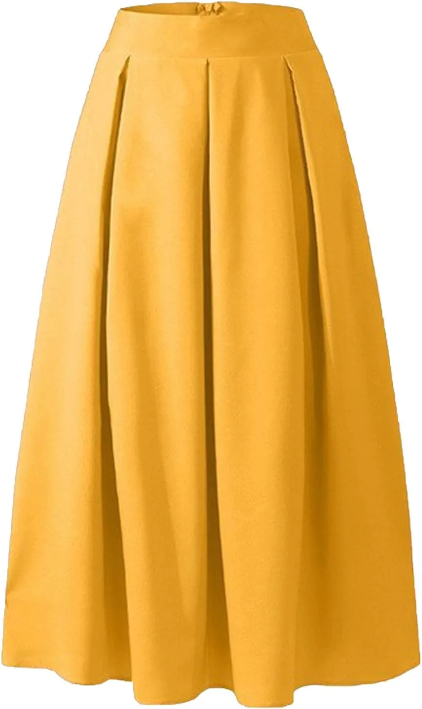 Women Spring Summer Pleated Maxi Skirt Elastic High Waisted A-Line Long Casual Loose Flowy Swing Skirt with Pockets