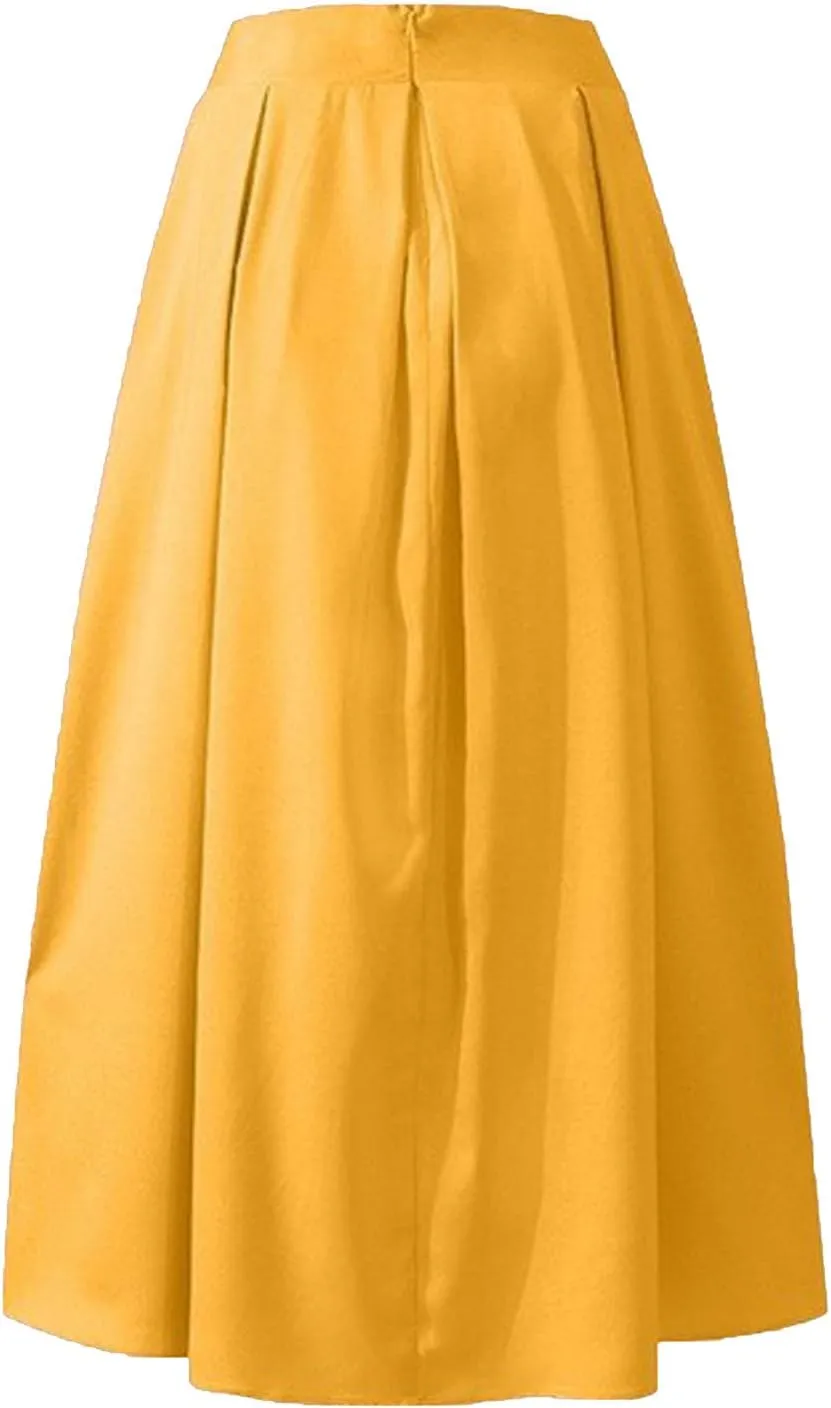 Women Spring Summer Pleated Maxi Skirt Elastic High Waisted A-Line Long Casual Loose Flowy Swing Skirt with Pockets