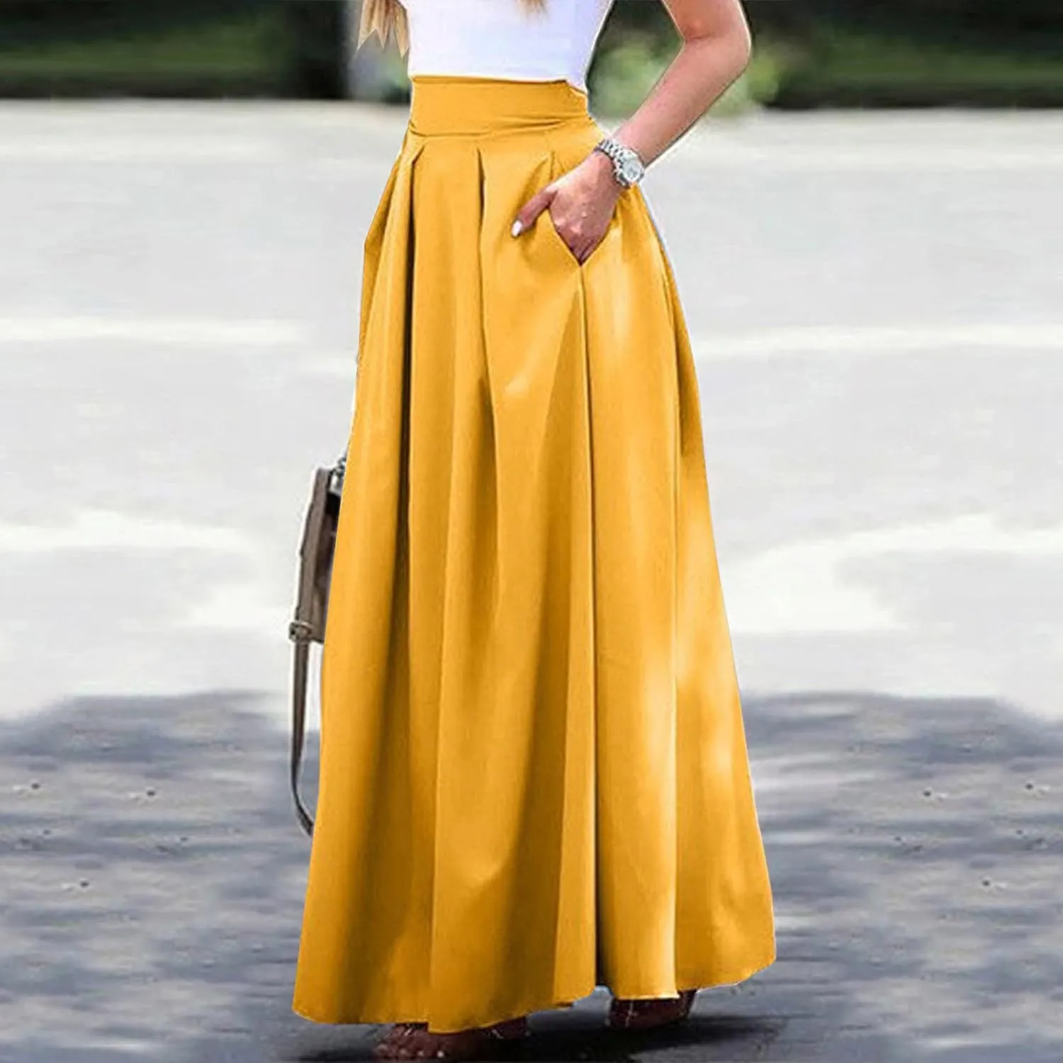Women Spring Summer Pleated Maxi Skirt Elastic High Waisted A-Line Long Casual Loose Flowy Swing Skirt with Pockets