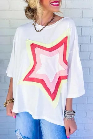 Women Star Patch Half Sleeve T-Shirt Crew-Neck Pullover Knit Casual Stylish Spring/Summer Loose Jumper Blouse Tops