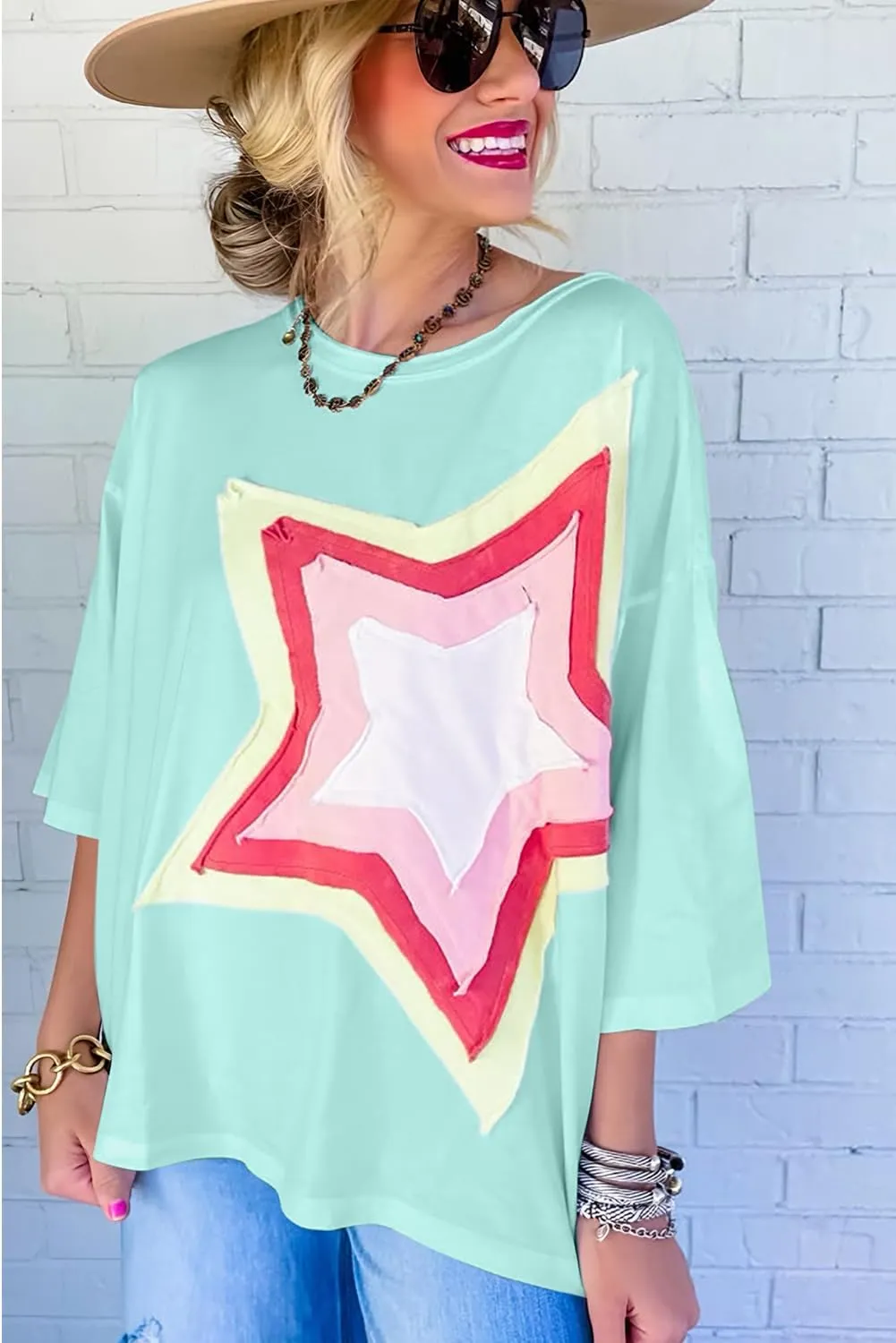 Women Star Patch Half Sleeve T-Shirt Crew-Neck Pullover Knit Casual Stylish Spring/Summer Loose Jumper Blouse Tops