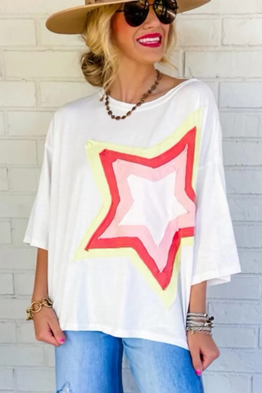 Women Star Patch Half Sleeve T-Shirt Crew-Neck Pullover Knit Casual Stylish Spring/Summer Loose Jumper Blouse Tops