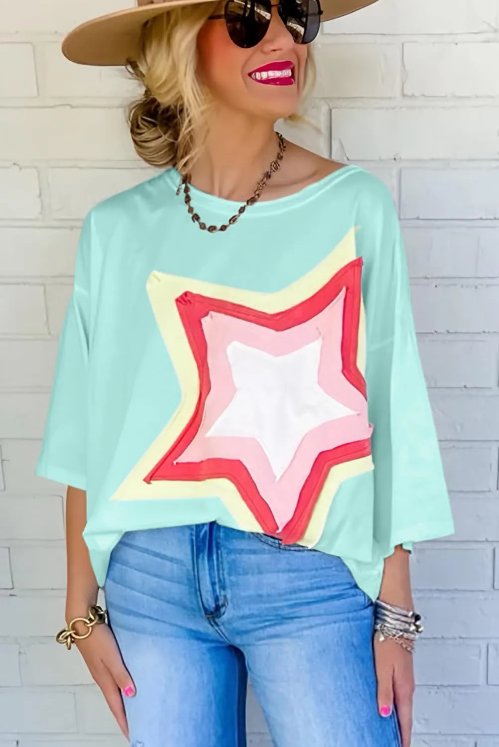 Women Star Patch Half Sleeve T-Shirt Crew-Neck Pullover Knit Casual Stylish Spring/Summer Loose Jumper Blouse Tops