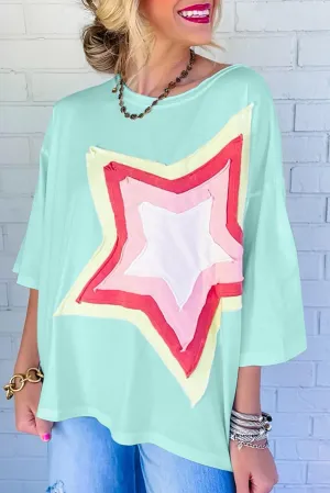 Women Star Patch Half Sleeve T-Shirt Crew-Neck Pullover Knit Casual Stylish Spring/Summer Loose Jumper Blouse Tops