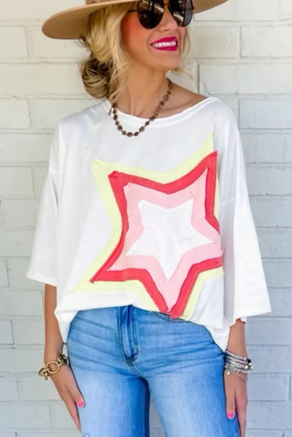 Women Star Patch Half Sleeve T-Shirt Crew-Neck Pullover Knit Casual Stylish Spring/Summer Loose Jumper Blouse Tops