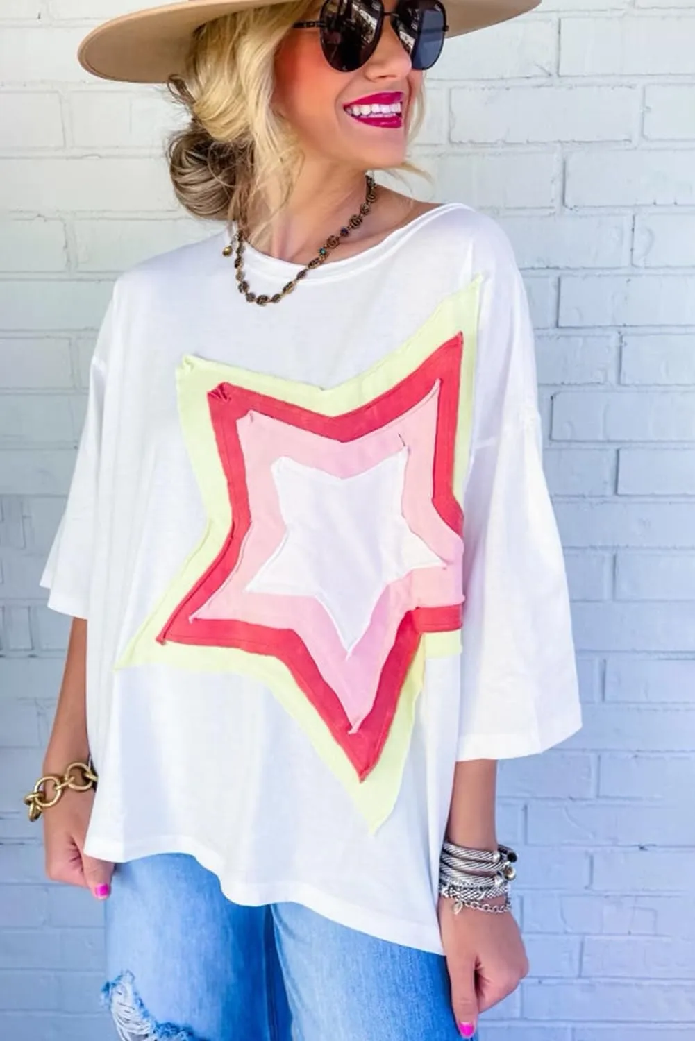 Women Star Patch Half Sleeve T-Shirt Crew-Neck Pullover Knit Casual Stylish Spring/Summer Loose Jumper Blouse Tops