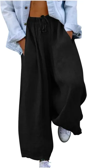 Women Summer Baggy Linen Pants Casual Loose Cotton Wide Leg Palazzo Pants Drawstring Waist Y2K Trousers with Pocket