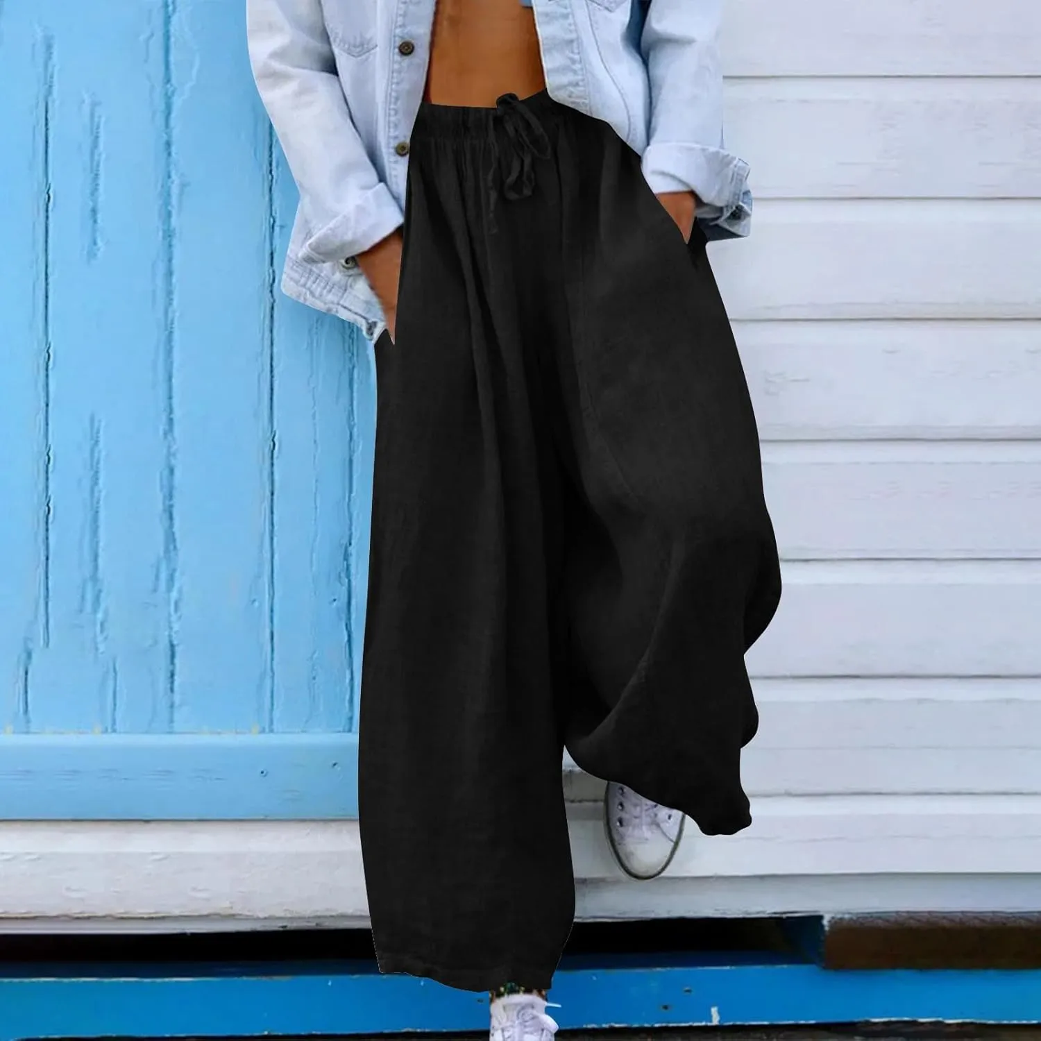 Women Summer Baggy Linen Pants Casual Loose Cotton Wide Leg Palazzo Pants Drawstring Waist Y2K Trousers with Pocket