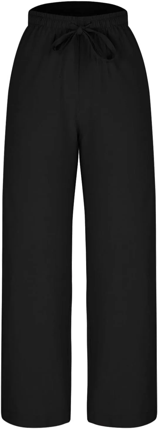 Women Summer Baggy Linen Pants Casual Loose Cotton Wide Leg Palazzo Pants Drawstring Waist Y2K Trousers with Pocket