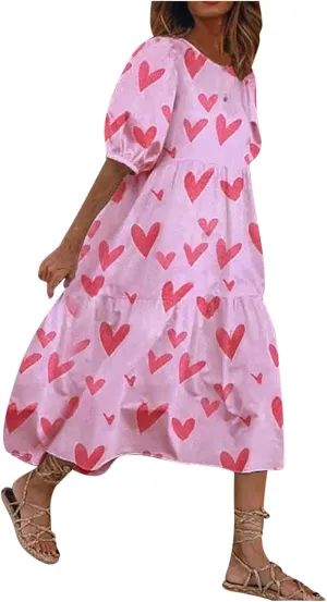Women Summer Casual Floral Midi Dress Puff Short Sleeve Tiered Swing Ruffle Flowy A-Line Dresses for Vacation