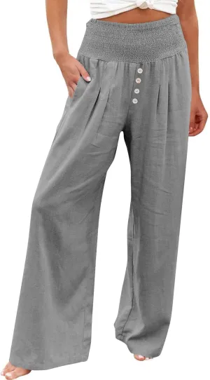 Women Summer High Waisted Cotton Linen Palazzo Pants Wide Leg Long Lounge Pant Business Casual Trousers Slacks Pockets
