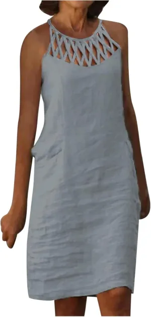 Women Summer Linen Dresses Cotton Boho Shirt Dresses Halter Spaghetti Strap Beach Flowy Short Sundresses