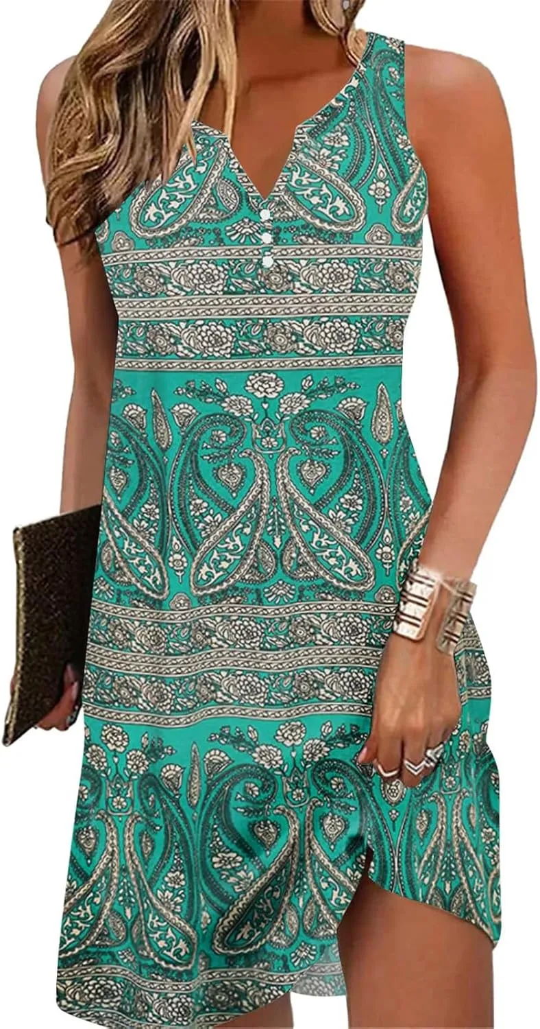 Women Summer Vacation Dresses Trendy V Neck Loose Beach Sun Dress Casual Knee Length Sleeveless Flowy Dresses