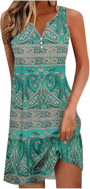 Women Summer Vacation Dresses Trendy V Neck Loose Beach Sun Dress Casual Knee Length Sleeveless Flowy Dresses