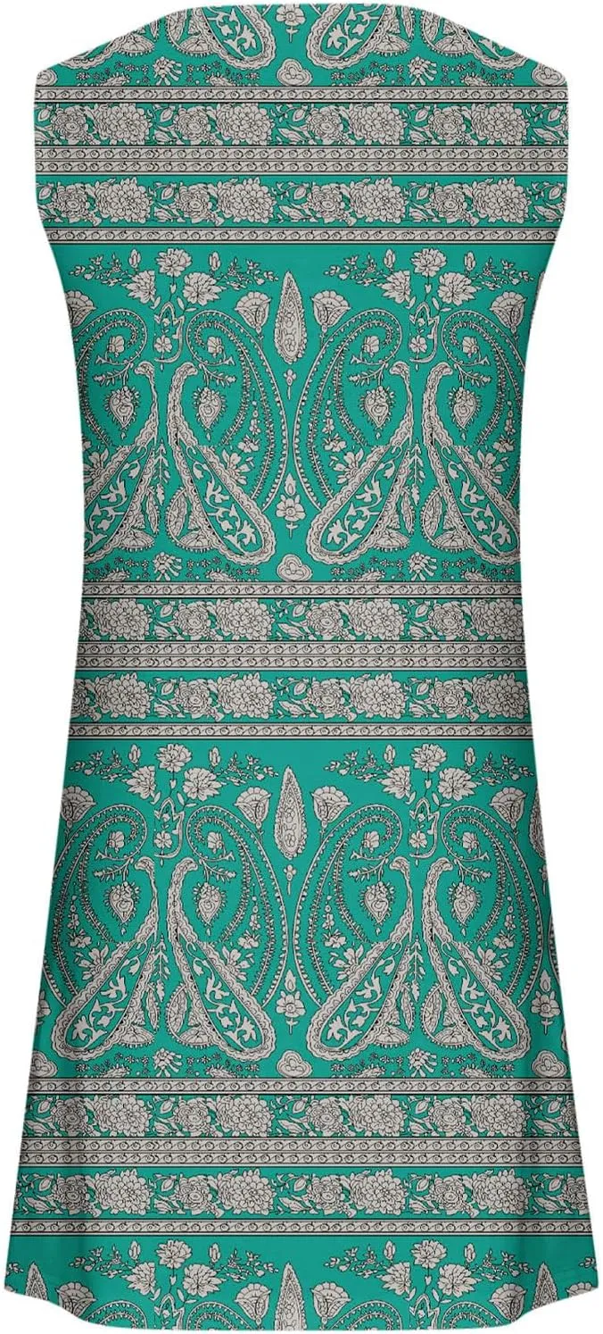 Women Summer Vacation Dresses Trendy V Neck Loose Beach Sun Dress Casual Knee Length Sleeveless Flowy Dresses