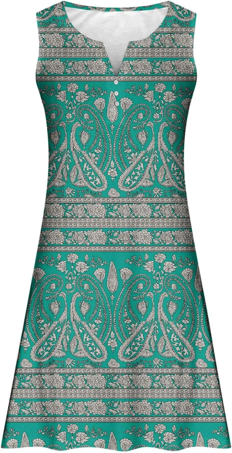 Women Summer Vacation Dresses Trendy V Neck Loose Beach Sun Dress Casual Knee Length Sleeveless Flowy Dresses