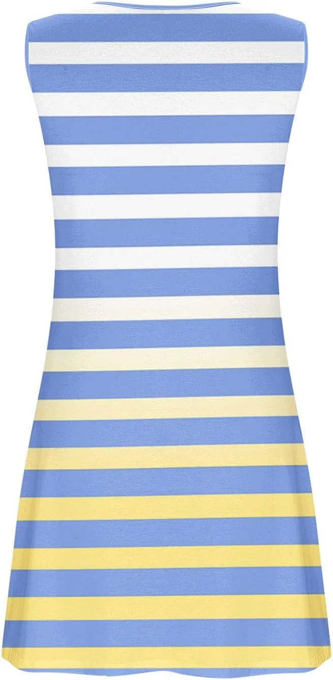 Women Tank Dresses Fashion Gradient Striped Print Sleeveless Button up A-Line Midi Dress Boho Style Beach Sundress