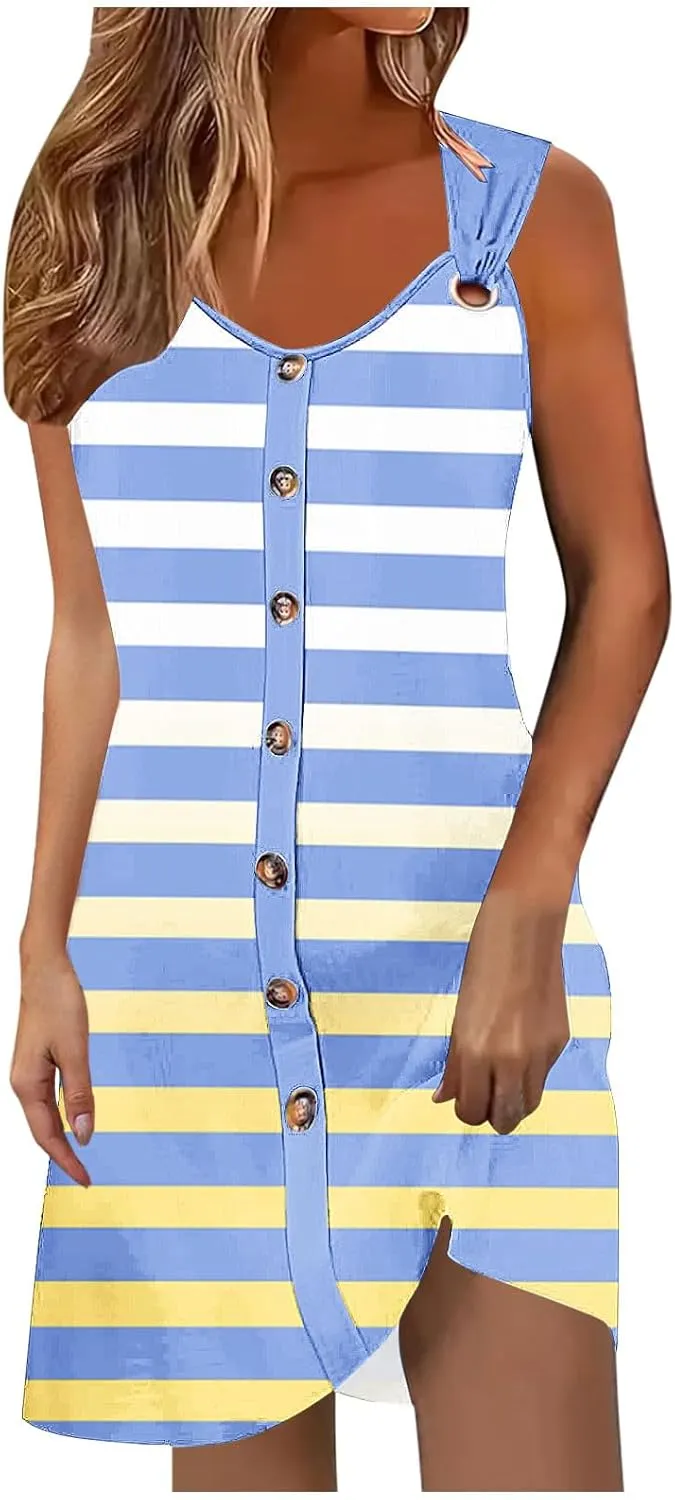 Women Tank Dresses Fashion Gradient Striped Print Sleeveless Button up A-Line Midi Dress Boho Style Beach Sundress