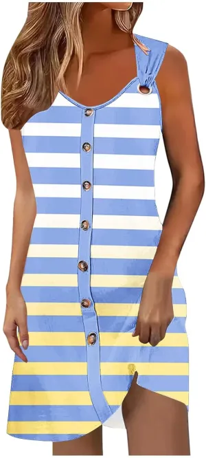 Women Tank Dresses Fashion Gradient Striped Print Sleeveless Button up A-Line Midi Dress Boho Style Beach Sundress