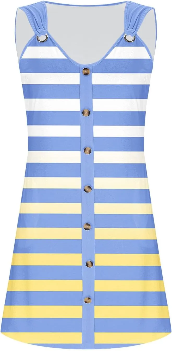 Women Tank Dresses Fashion Gradient Striped Print Sleeveless Button up A-Line Midi Dress Boho Style Beach Sundress