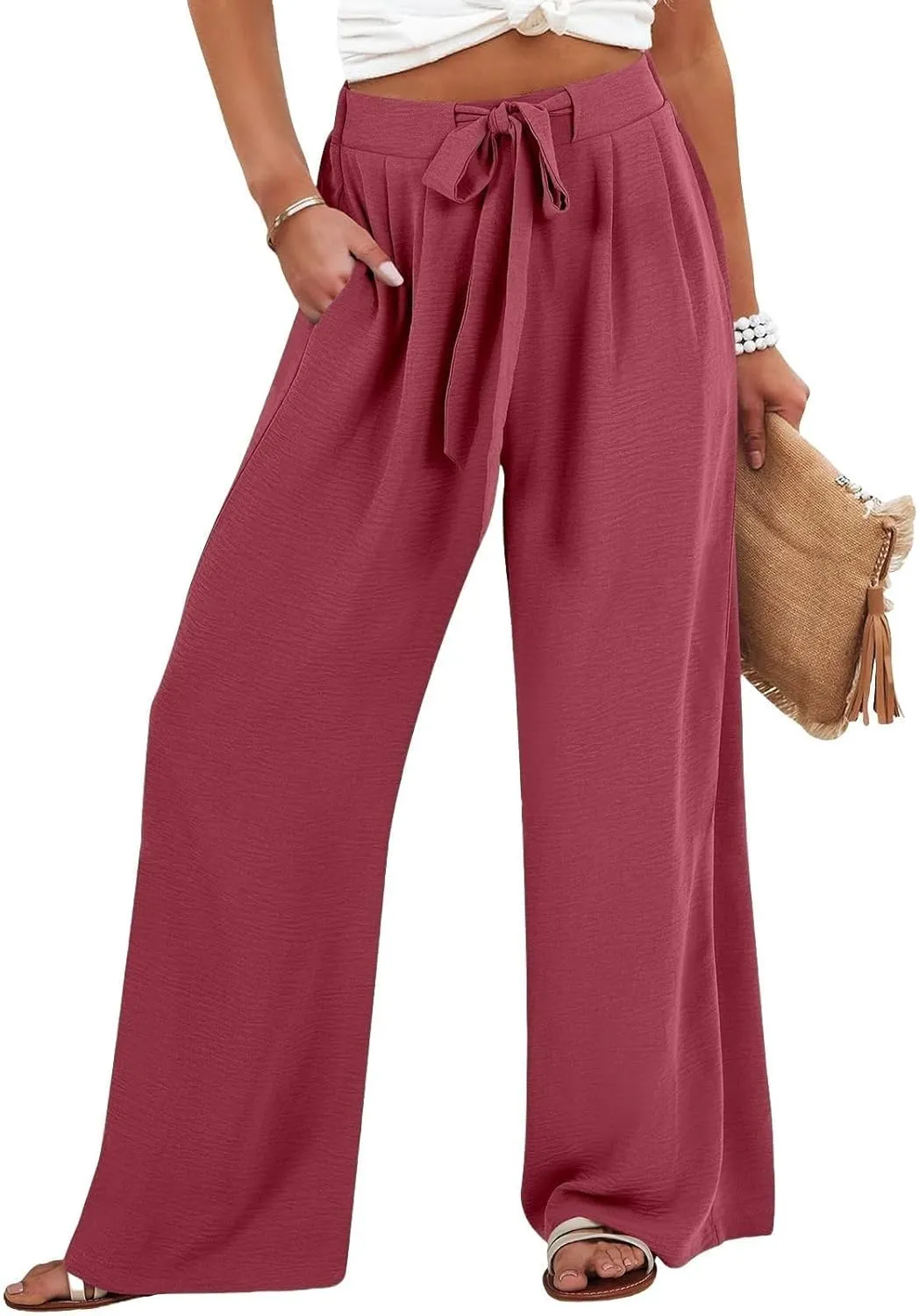 Women Wide Leg Linen Pants 2025 Tie Knot Summer High Waisted Palazzo Pants Flowy Beach Travel Trousers with Pockets