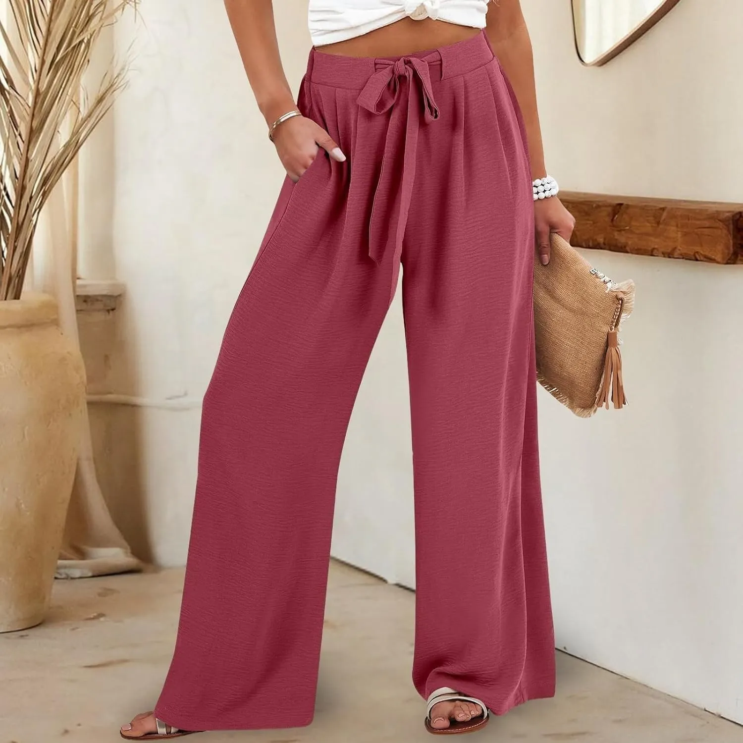 Women Wide Leg Linen Pants 2025 Tie Knot Summer High Waisted Palazzo Pants Flowy Beach Travel Trousers with Pockets