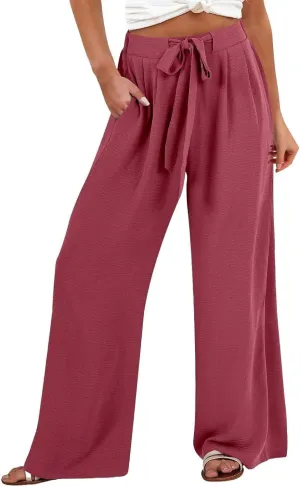 Women Wide Leg Linen Pants 2025 Tie Knot Summer High Waisted Palazzo Pants Flowy Beach Travel Trousers with Pockets