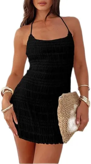 Women Y2k Halter Mini Dress Mesh Backless Ruffle Short Dress Boho Bodycon Beach Sundress Summer Streetwear