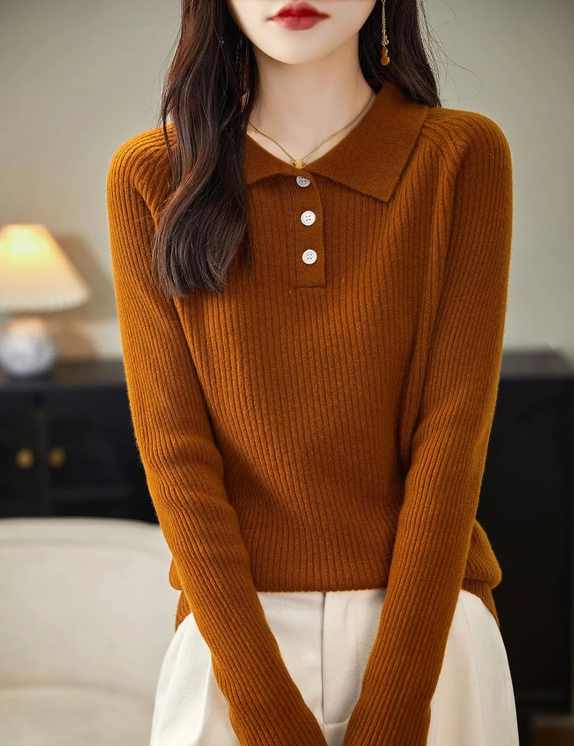Women's 100% Merino Wool Sweater 2025 Fall Winter Polo Neck Long Sleeve Warm Soft Knit Pulover Sweater