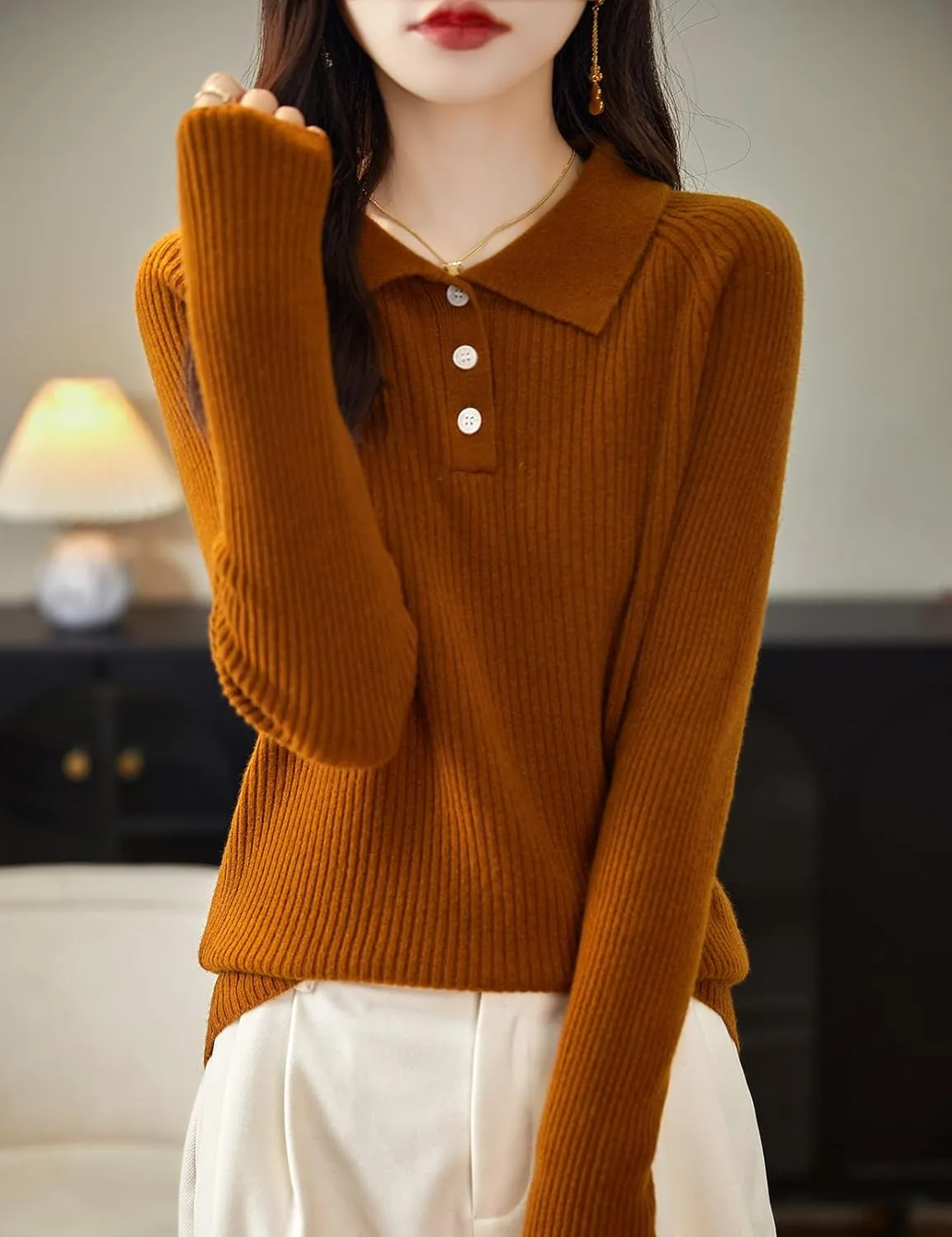 Women's 100% Merino Wool Sweater 2025 Fall Winter Polo Neck Long Sleeve Warm Soft Knit Pulover Sweater