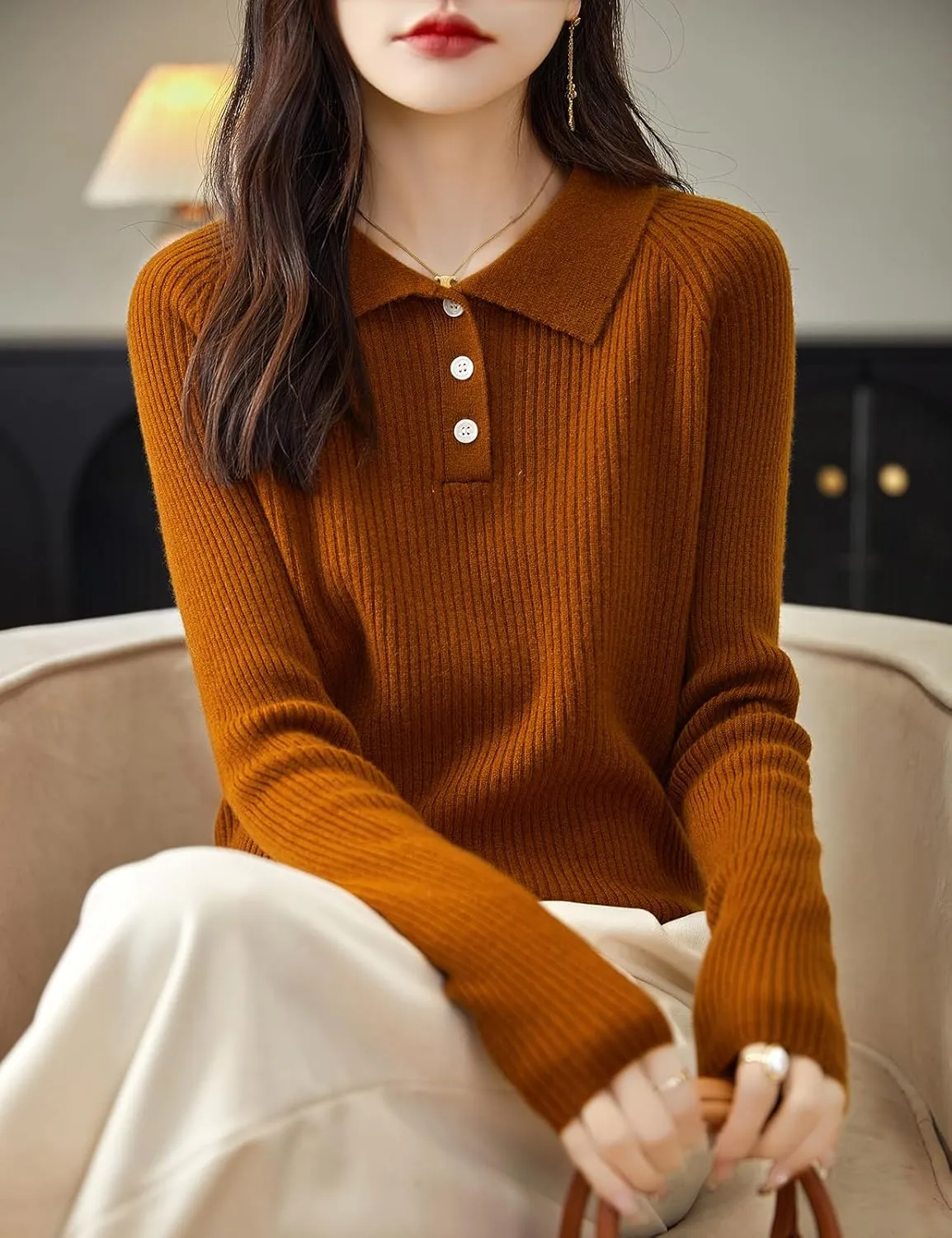 Women's 100% Merino Wool Sweater 2025 Fall Winter Polo Neck Long Sleeve Warm Soft Knit Pulover Sweater