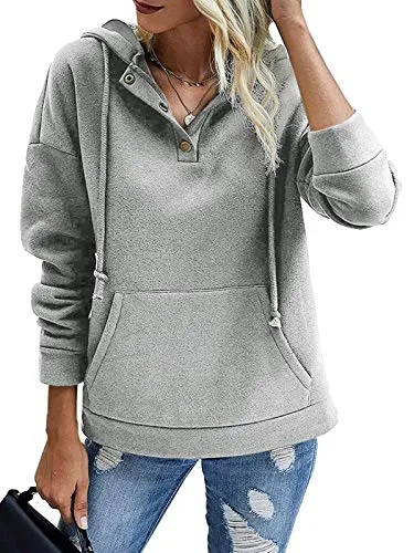 Womens 1/4 Button Down Hoodies Casual Plain Long Pullover Fleece Sweatshirts with Pockets Grey