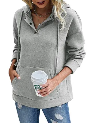 Womens 1/4 Button Down Hoodies Casual Plain Long Pullover Fleece Sweatshirts with Pockets Grey