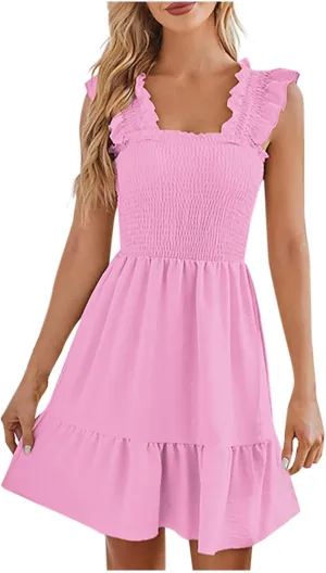 Womens 2025 Casual Dress Smocked Square Neck Sleeveless Boho A-Line Mini Dress Summer Strap Ruffle Swing Dresses