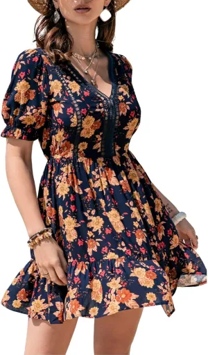 Women's 2025 Floral Summer Short Dress V Neck Short Sleeve Tiered Ruffle Boho Swing Dresses