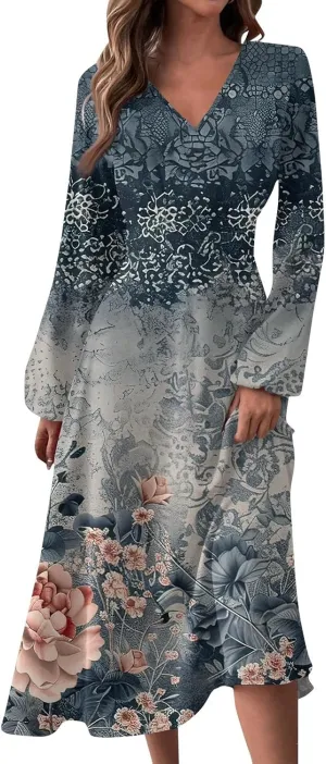 Women's 2025 Spring Fall Dress Casual Long Sleeve V Neck A Line Flowy Dresses Vacation Loose Resort Wear