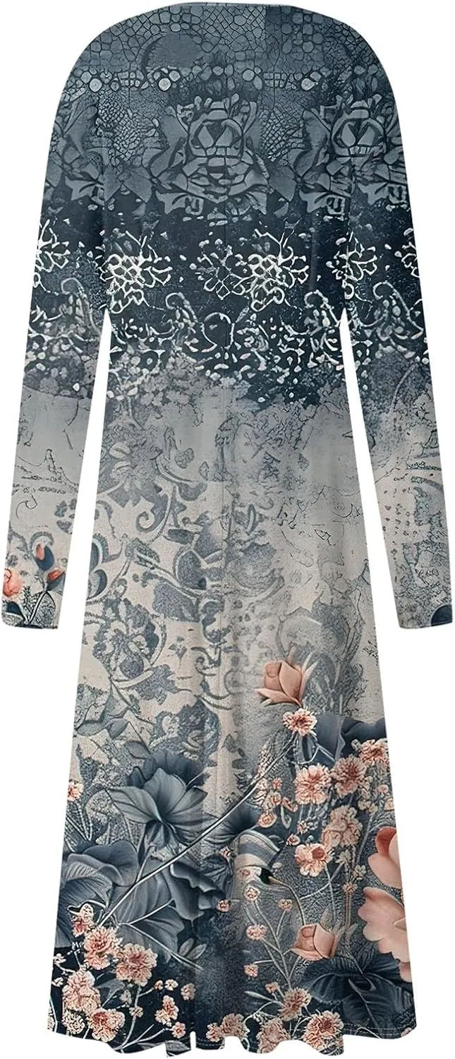 Women's 2025 Spring Fall Dress Casual Long Sleeve V Neck A Line Flowy Dresses Vacation Loose Resort Wear