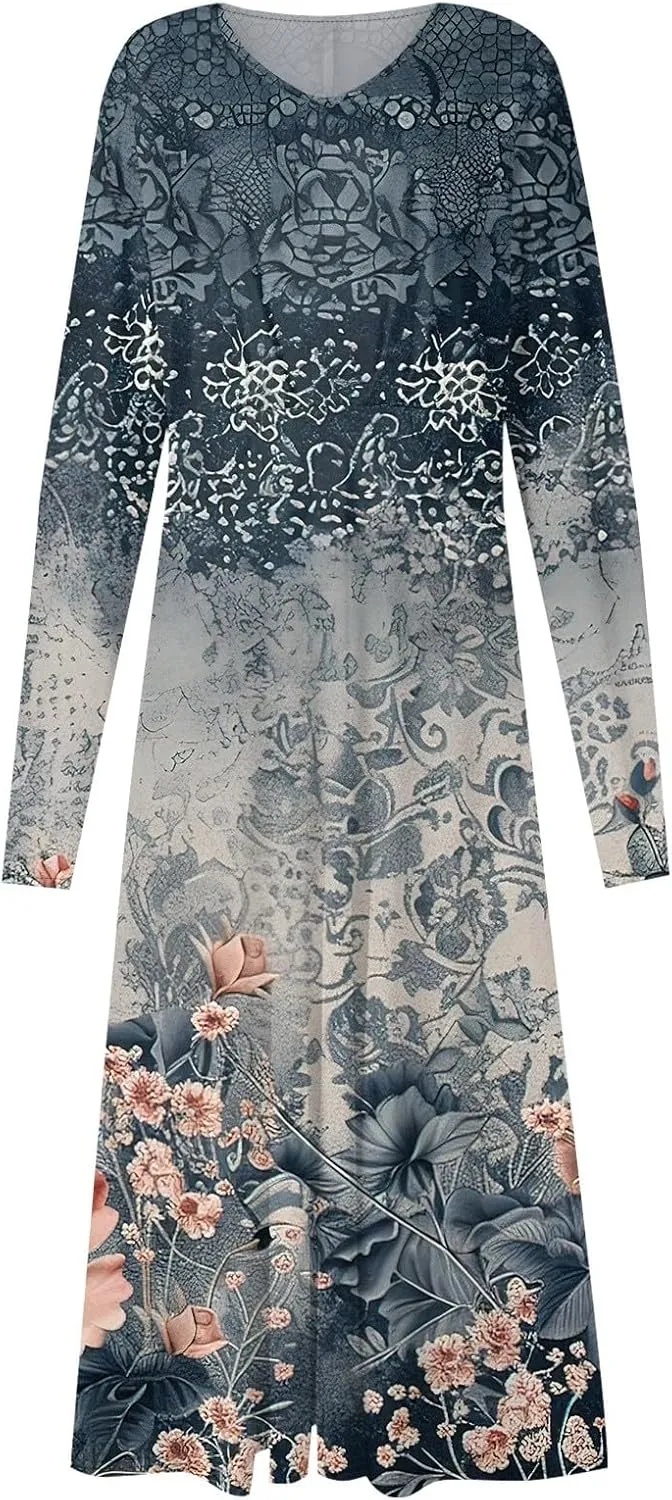 Women's 2025 Spring Fall Dress Casual Long Sleeve V Neck A Line Flowy Dresses Vacation Loose Resort Wear