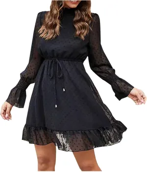 Women's 2025 Summer Long Sleeve Mesh Dress Frill Trim Mock Neck Swiss Dot Drawstring Waist Ruffle A-Line Mini Dresses