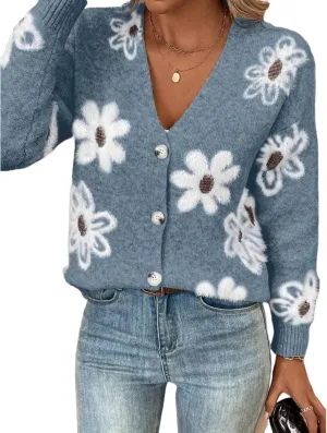 Women's Blue Flower Print with Button Long Sleeve Loose Sweater Casual Crew Neck Cardigan Knit Tops 2024 Fashion