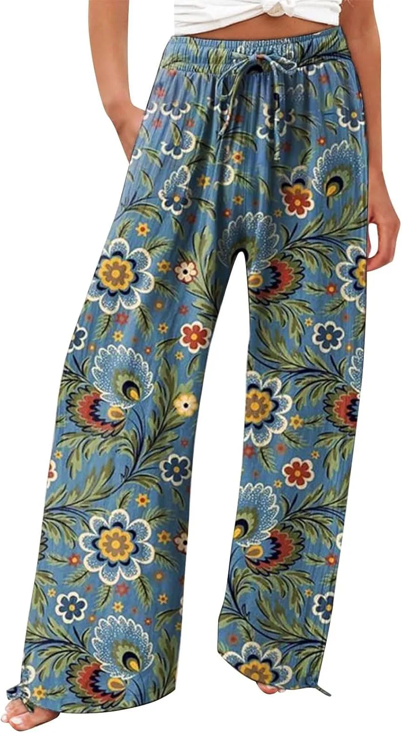 Women's Boho Tropical Print Wide Leg Pants Womens Cotton Casual Loose Pants Comfy Work Pants with Pockets Elastic