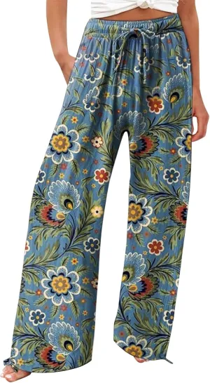 Women's Boho Tropical Print Wide Leg Pants Womens Cotton Casual Loose Pants Comfy Work Pants with Pockets Elastic