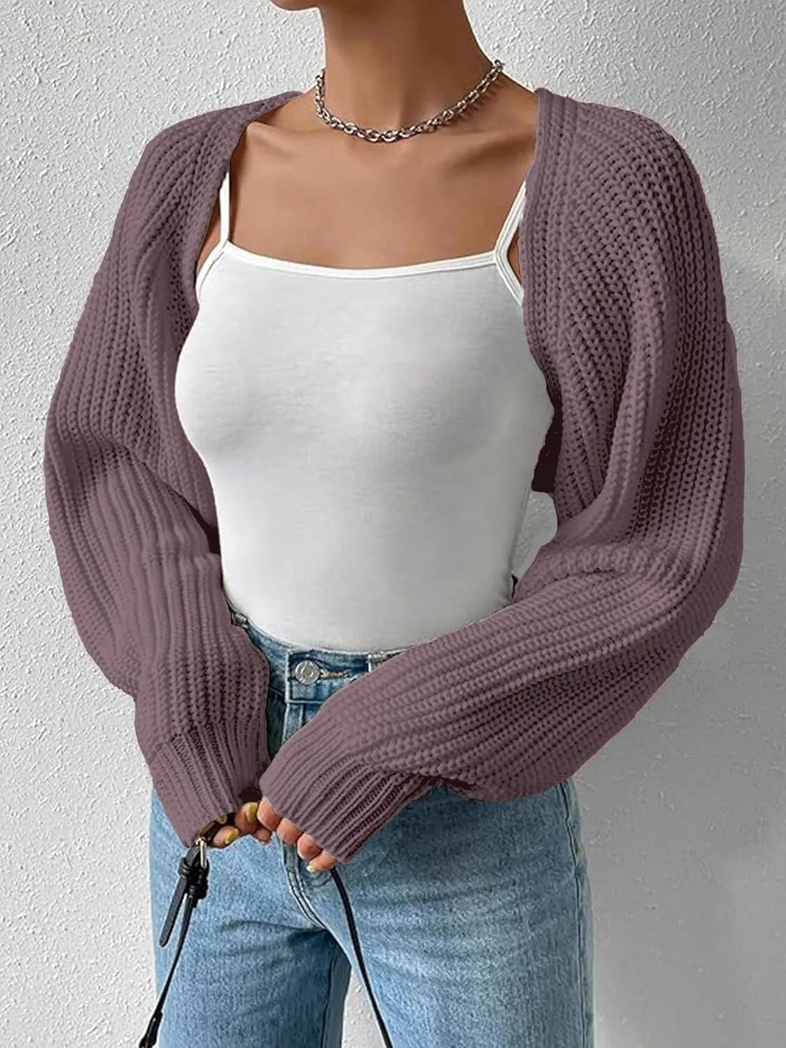 Women's Bolero Shrug Sweater Rib Knitted Long Sleeve Open Front Cropped Cardigan Y2K Tops