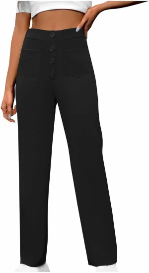 Women's Business Pants Casual Straight Leg High Elastic Waist Trousers Solid Color Stretch Long Pants with Pockets