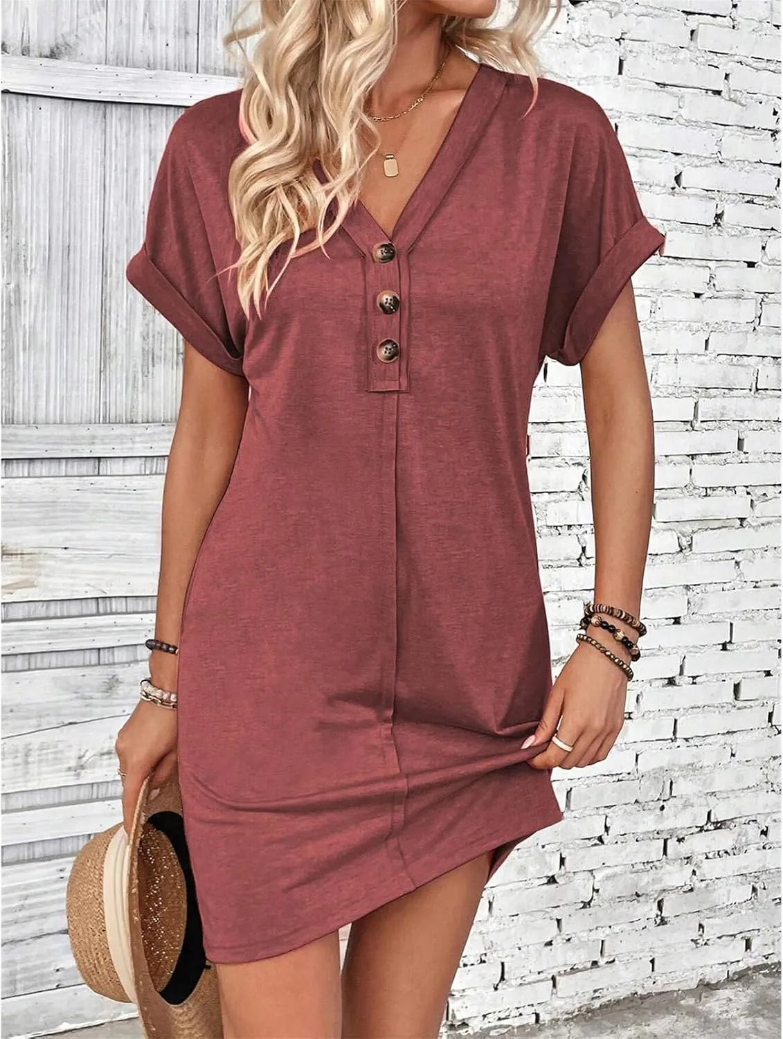 Womens Button Front V Neck Midi Dresses Casual Swing Shirt Sundress Short Sleeve Beach Summer Dress
