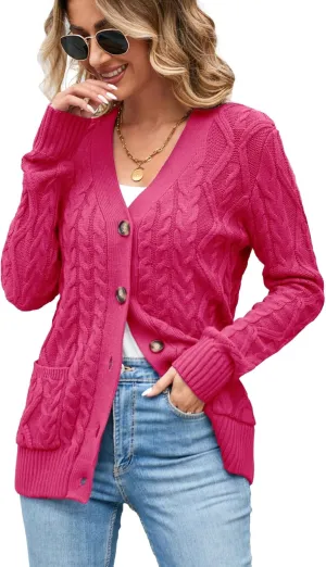 Women's Cable Knit Open Front Button Down Cardigan Sweater Long Sleeve Chunky Fall Sweater Outwear