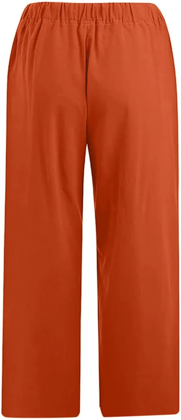 Women's Capri Pants Casual Summer Drawstring Waist Linen Pants with Pockets Lightweight Baggy Cropped Beach Trouser