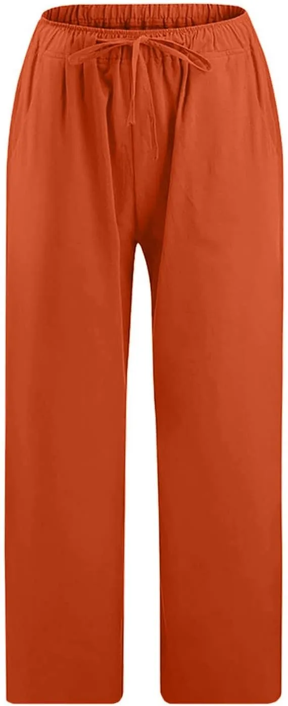 Women's Capri Pants Casual Summer Drawstring Waist Linen Pants with Pockets Lightweight Baggy Cropped Beach Trouser